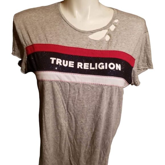 True Religion Tops - TRUE RELIGION World Tour gray T-shirt distressed in front size medium